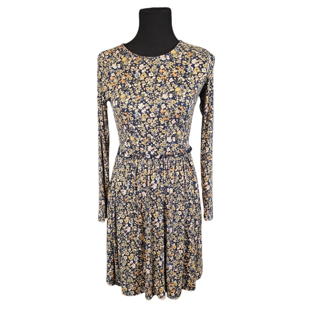 Rewind Floral Mini Dress Medium Cottagecore Ribbed Long Sleeve Fit Flare